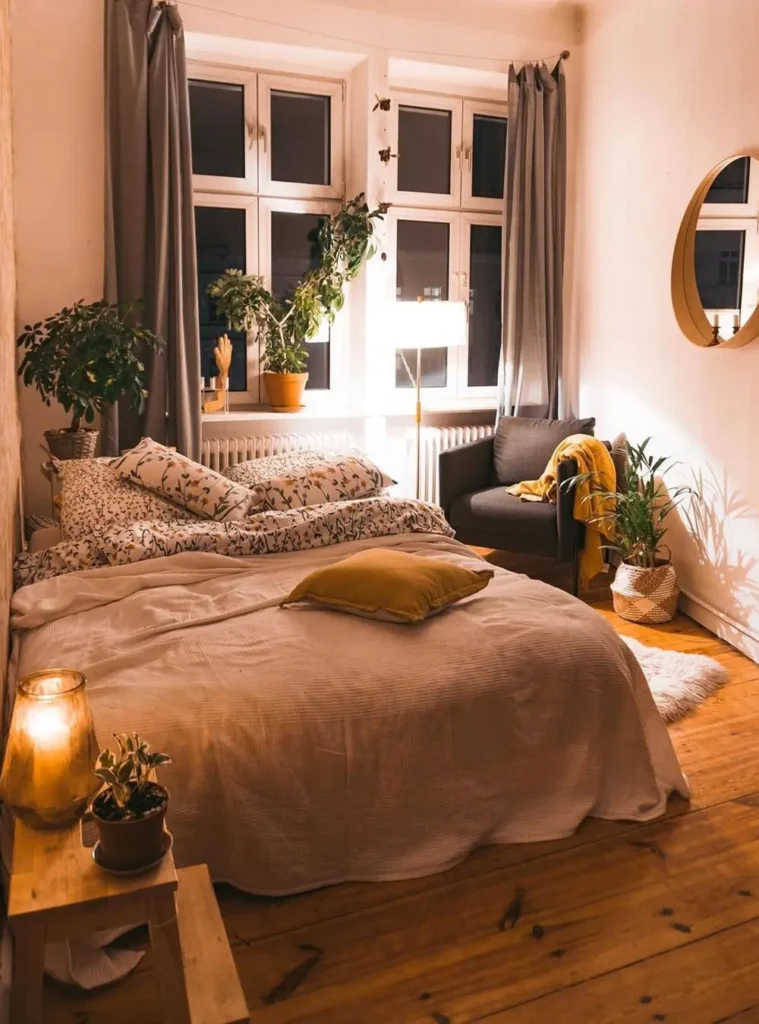 Warm Mustard Accents Low Profile Bed