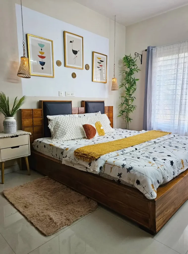 Warm Wood And Woven Pendant Bedroom