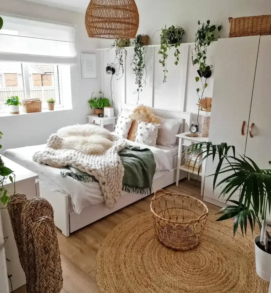 White Wall Paneling with Overhead Trailing Vines