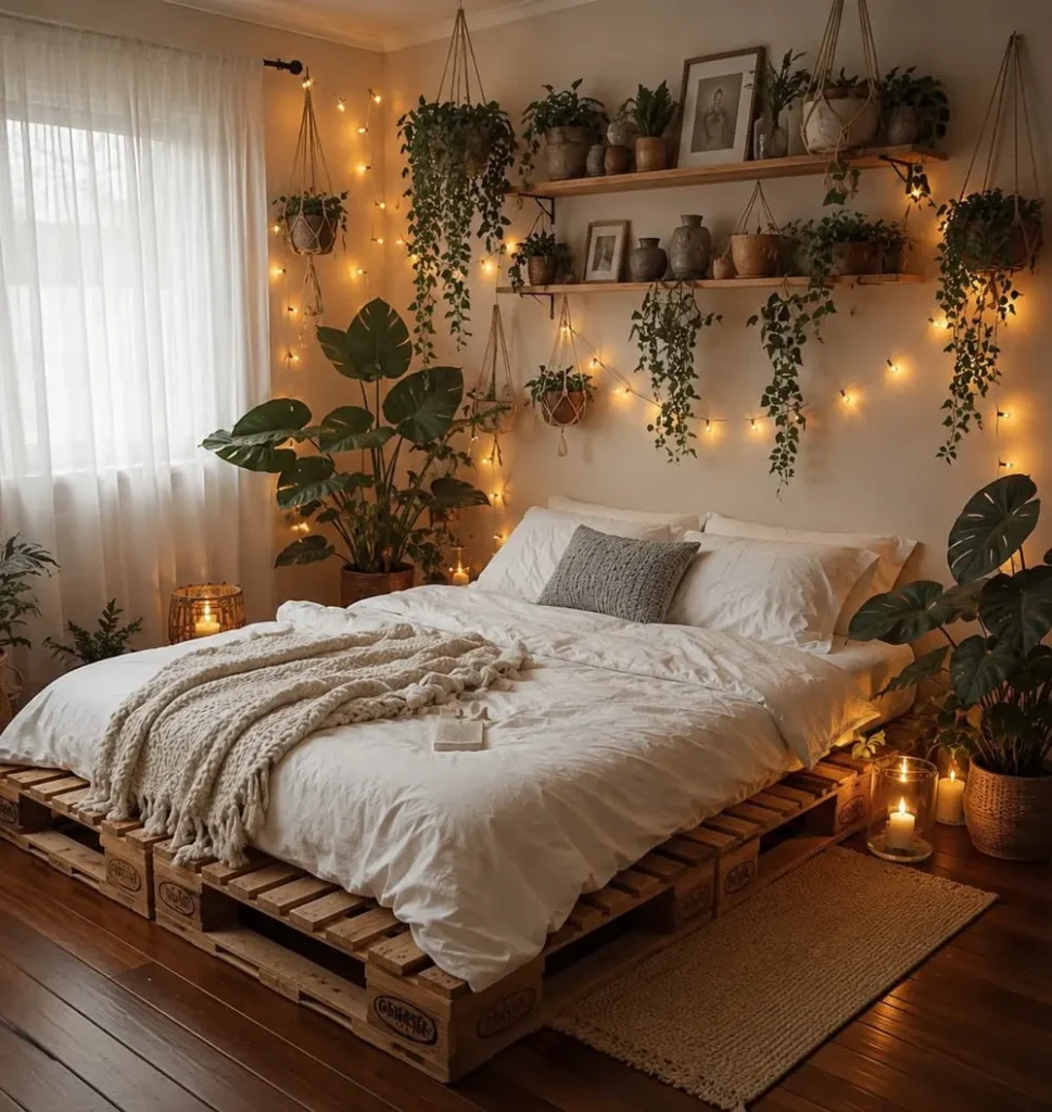 Wooden Pallet Bed with Fairy Lights and Floating Plant Shelves