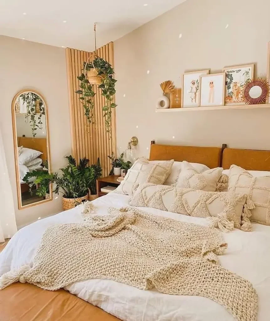 Wooden Slat Corner with Tufted Cream Bedding