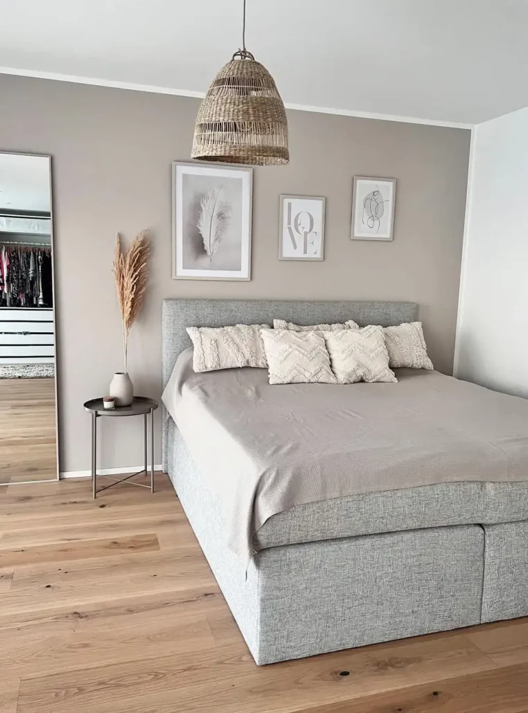 Woven Pendant + Grey Bed + Warm Wood