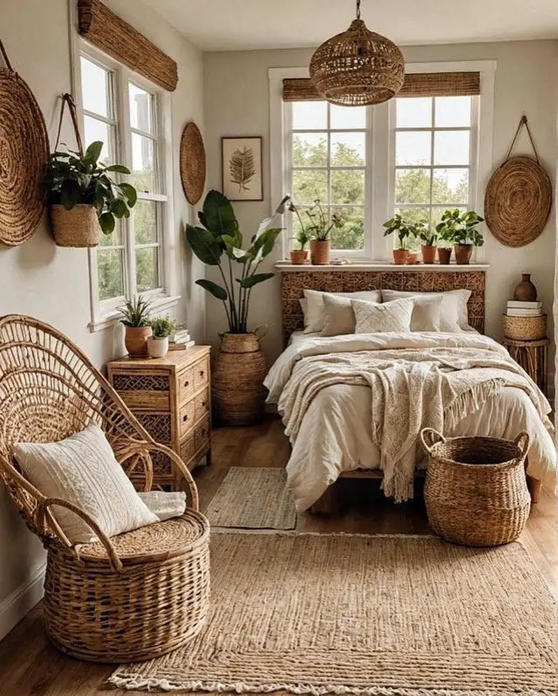 Woven Wicker Chair and Flat Wall Baskets