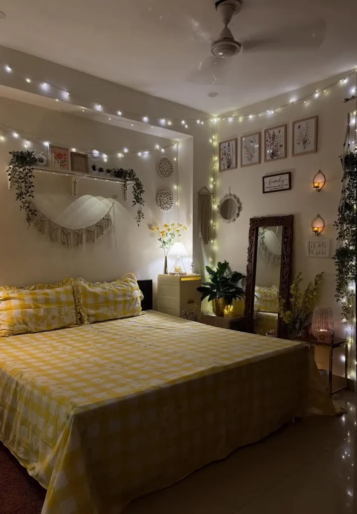 Yellow Gingham And Macrame Bedroom