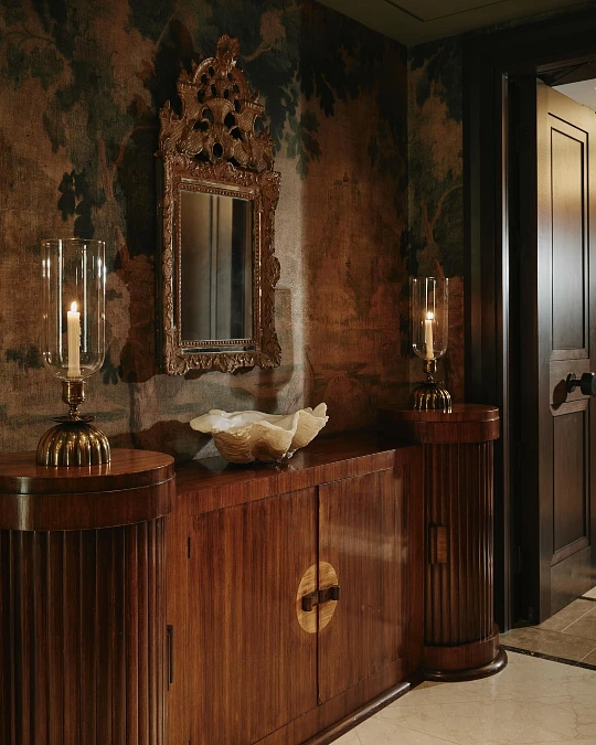 Carved Mirror and Fluted Wood Console