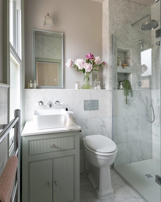 Sage Vanity and Marble Shower
