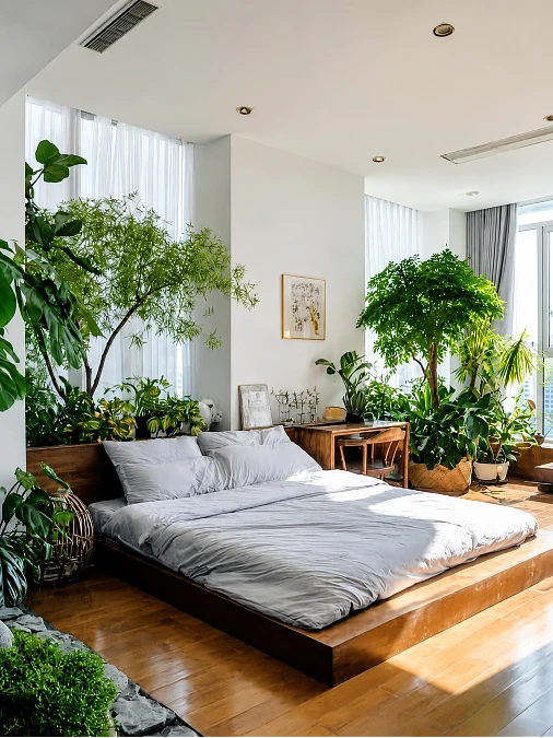Low Platform Bed + Indoor Trees