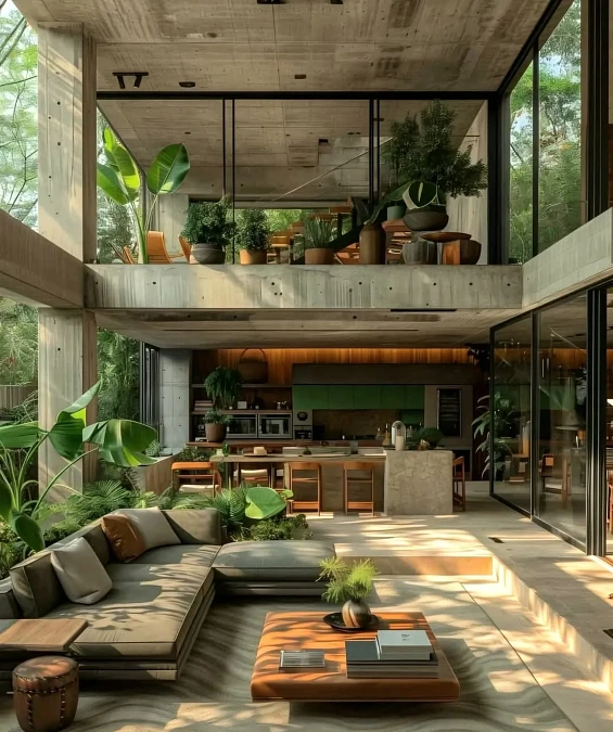 A Concrete Atrium Living Room