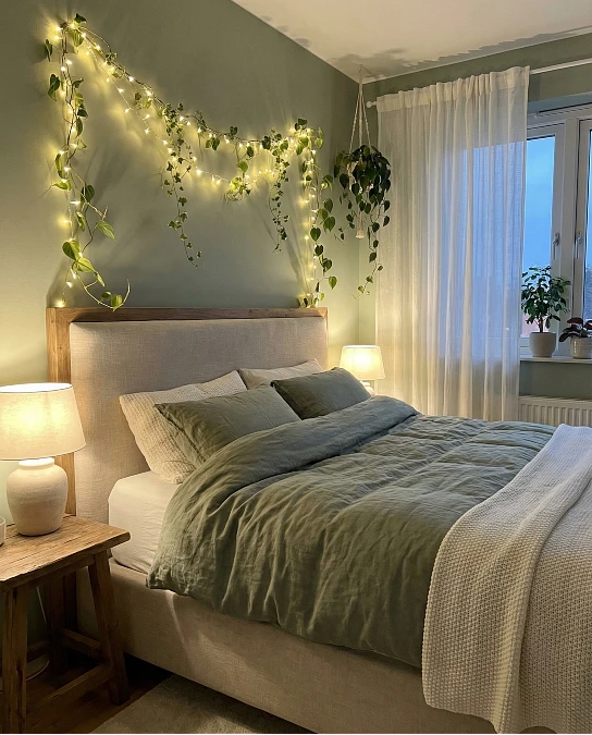 Sage Bedroom with Vine Lights