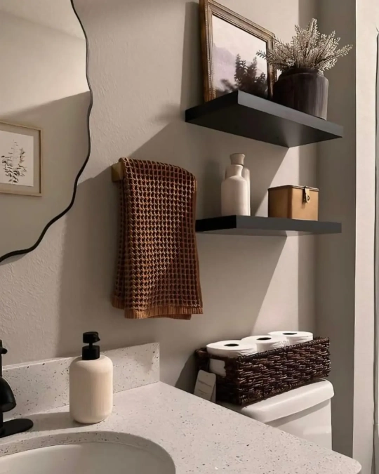 Floating Black Shelves and Woven Accents