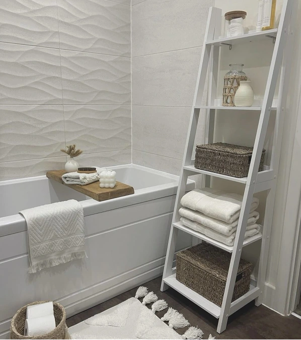 White Ladder Shelf + Woven Baskets