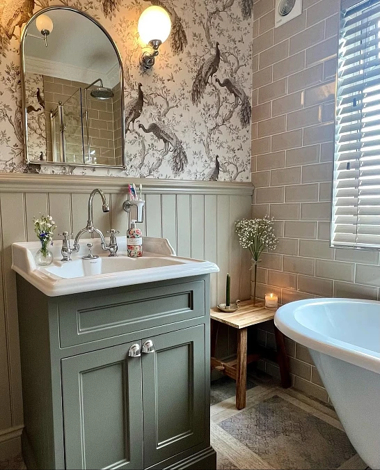 Sage Vanity and Peacock Wallpaper