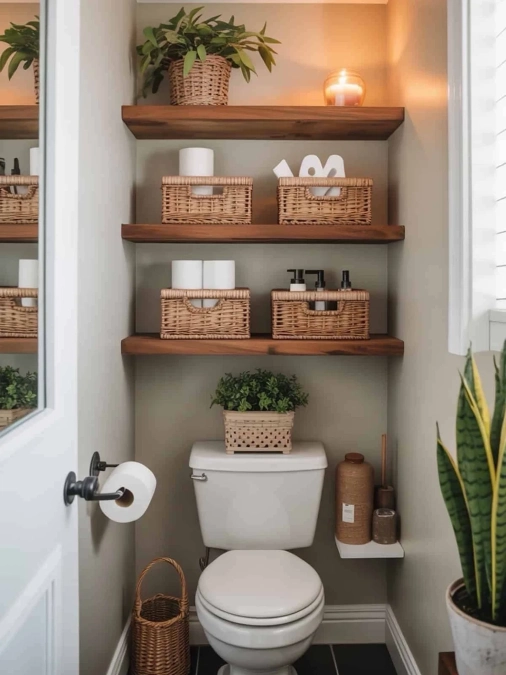 Warm Wood Shelves with Woven Baskets