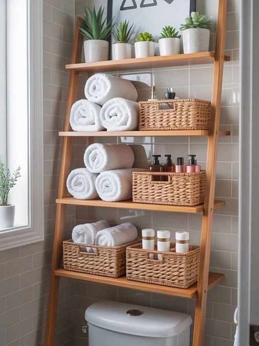 Bamboo Ladder Shelf with Towel Baskets
