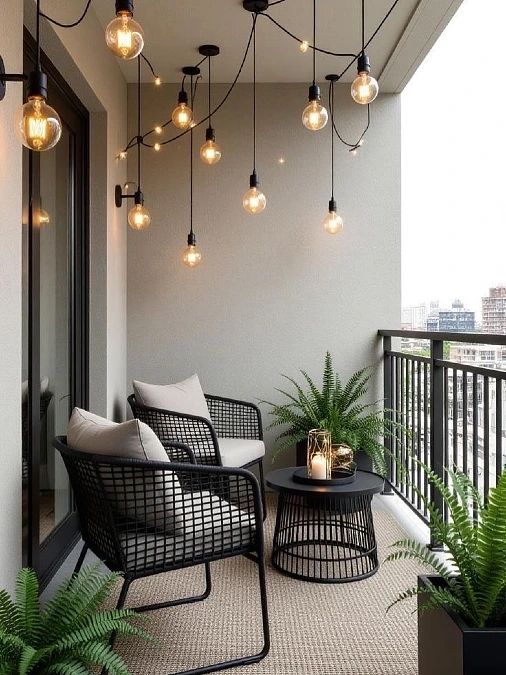 Black Woven Seating and Pendant Lights