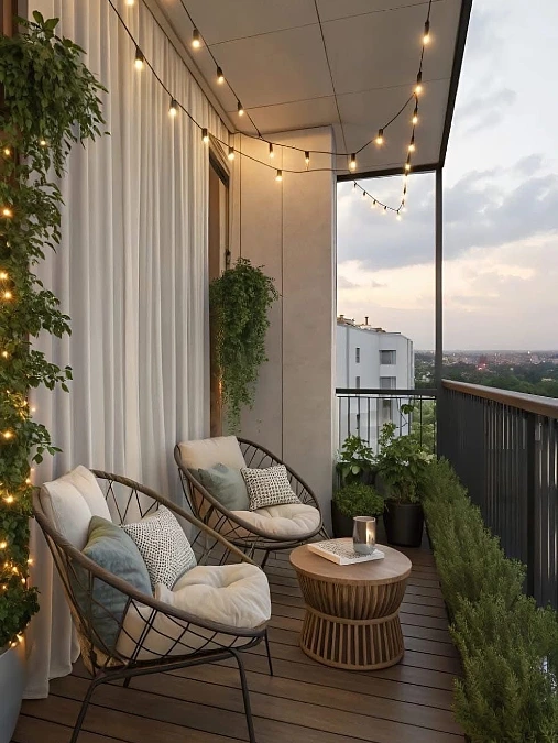 Woven Chairs + Warm String Lights
