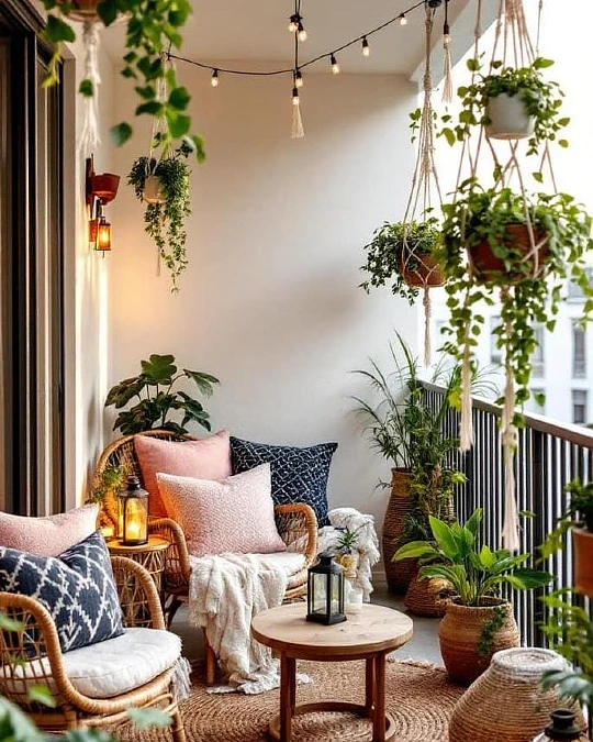 Rattan Chairs + Hanging Greenery + Blush Cushions