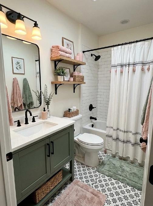 Green Vanity and Pink Towels