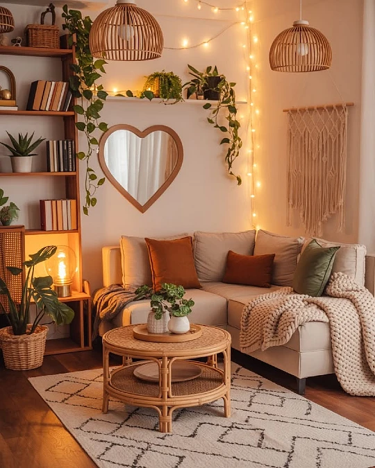 Rattan Table + String Lights + Rust Cushions