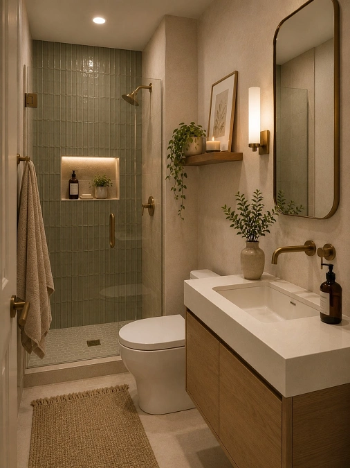 Sage Shower Tile and Wood Vanity