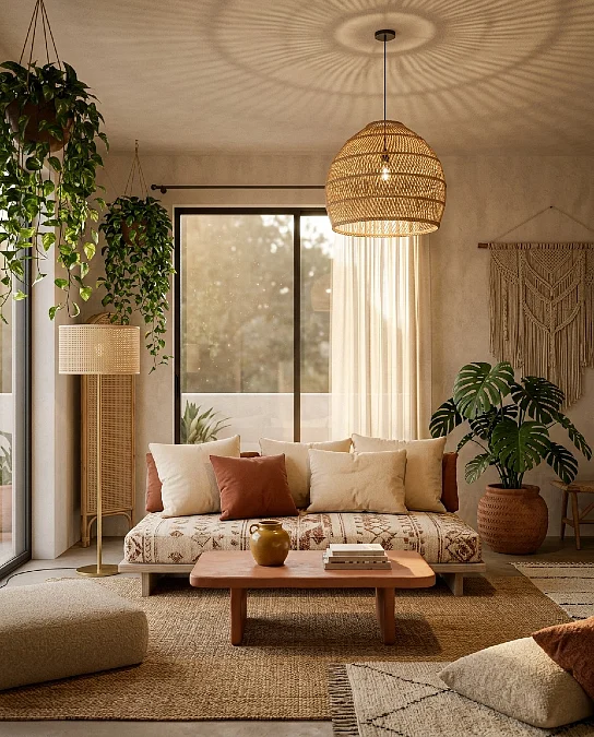Low Sofa + Jute Rug + Hanging Greenery