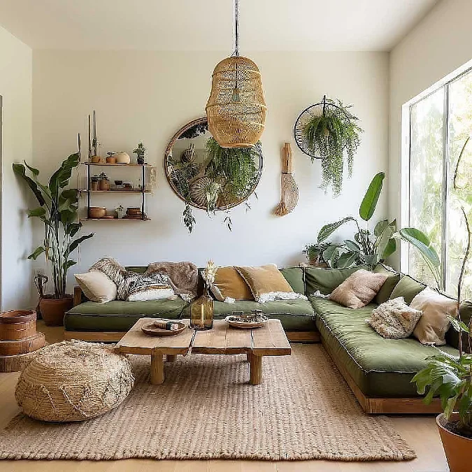 Olive Sectional + Low Wood Tables + Ferns
