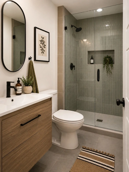 Wood Vanity + Sage Shower