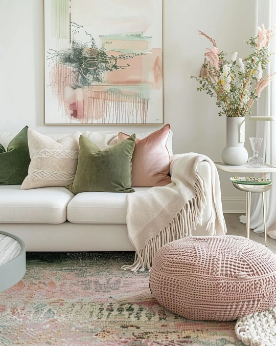 White Sofa + Olive Pillows + Blush Accents