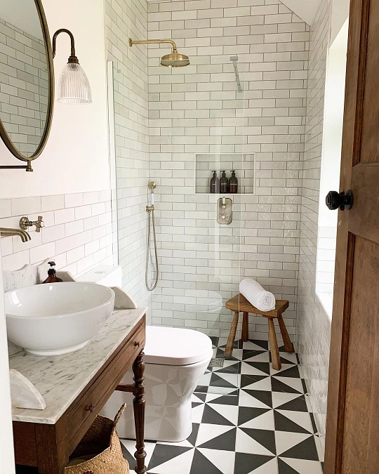 Vintage Vanity + Marble Counter + Brass Fixtures