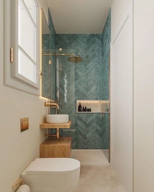 Teal Herringbone Shower Tile