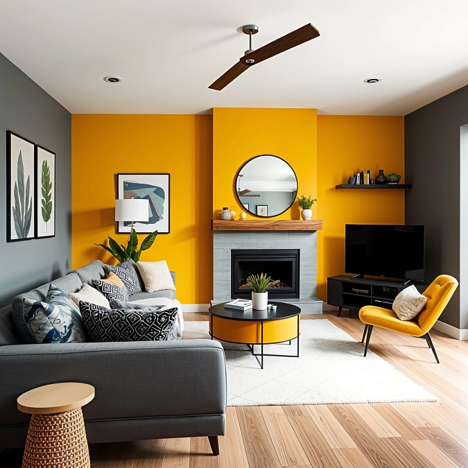 Mustard Walls + Gray Sofa + Black Accents