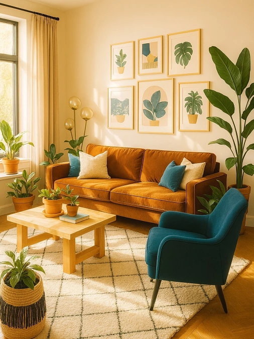 Camel Sofa + Teal Chair + Greenery