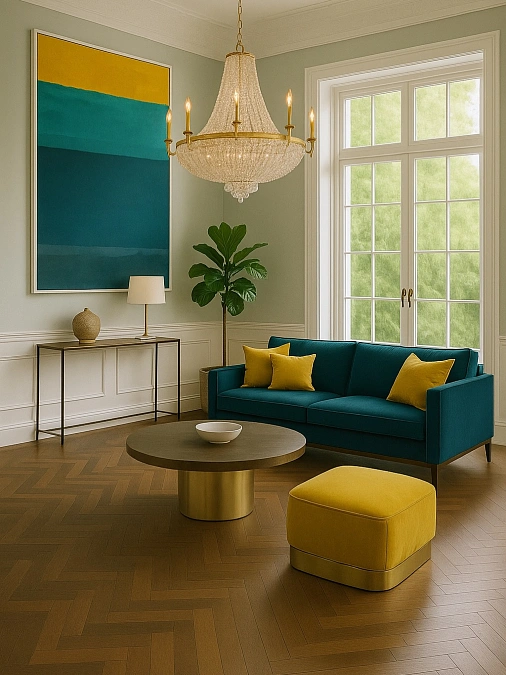 Teal Sofa and Mustard Accents