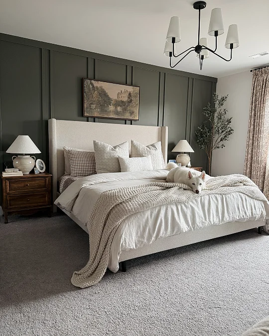 Olive Panel Wall + Soft Neutral Bedding