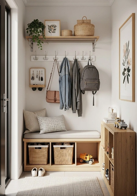 Bench Storage with Wall Hooks