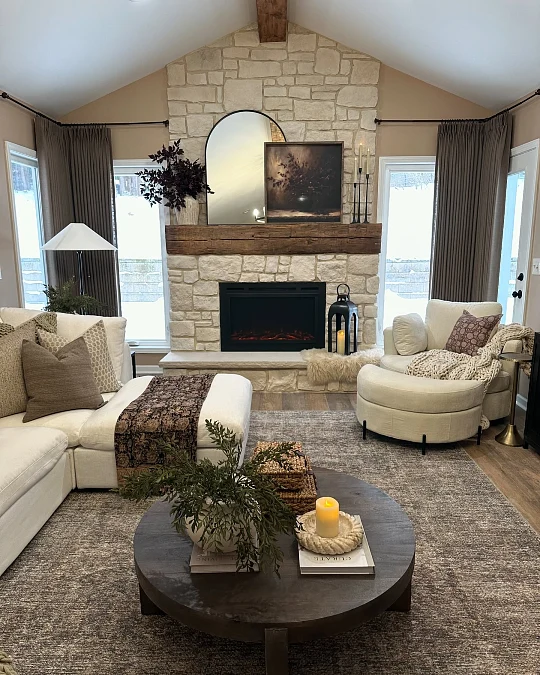 Stone Fireplace + Cream Seating + Dark Wood