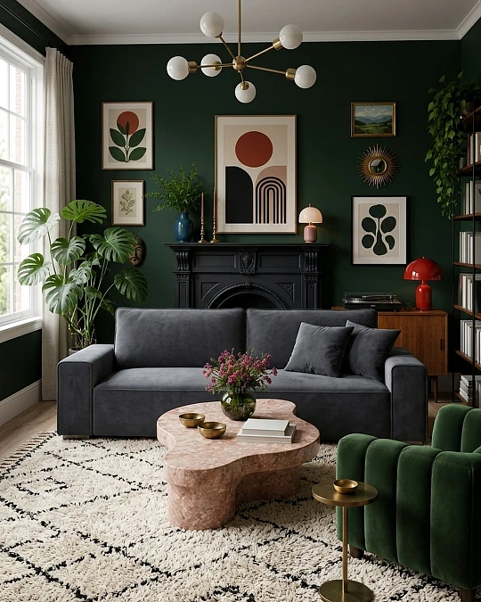 Forest Green Walls with Sculptural Furniture