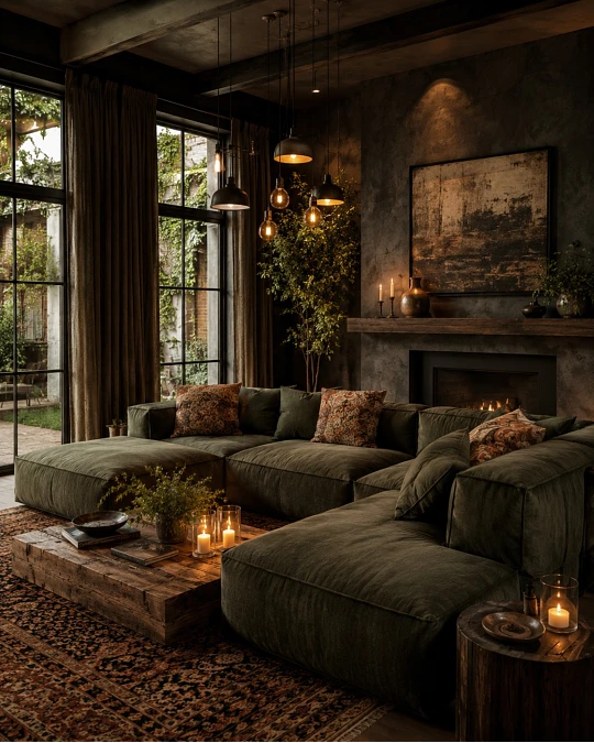 Olive Sectional + Rustic Wood + Candlelight