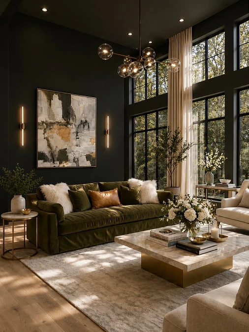 Olive Velvet + Marble + Brass