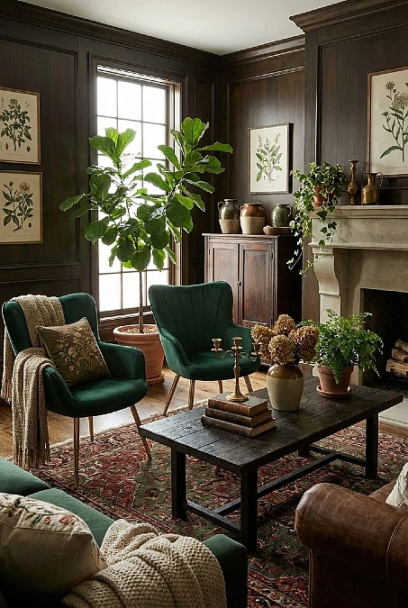 Green Velvet + Dark Wood + Botanical Art