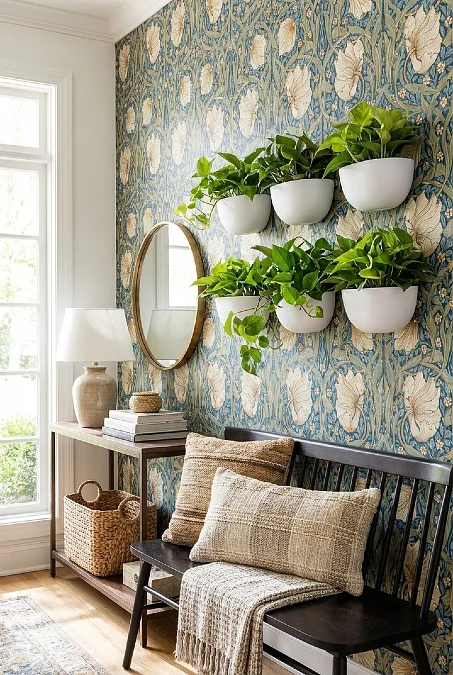 Wallpaper Entry Bench with Wall Planters