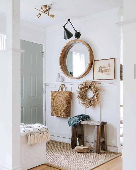 Round Mirror + Rustic Bench Entry