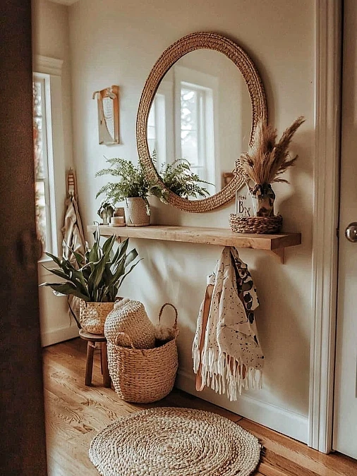 Woven Mirror Entry Shelf