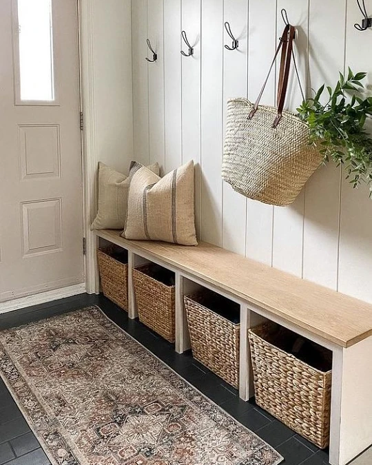 Long Bench with Woven Baskets