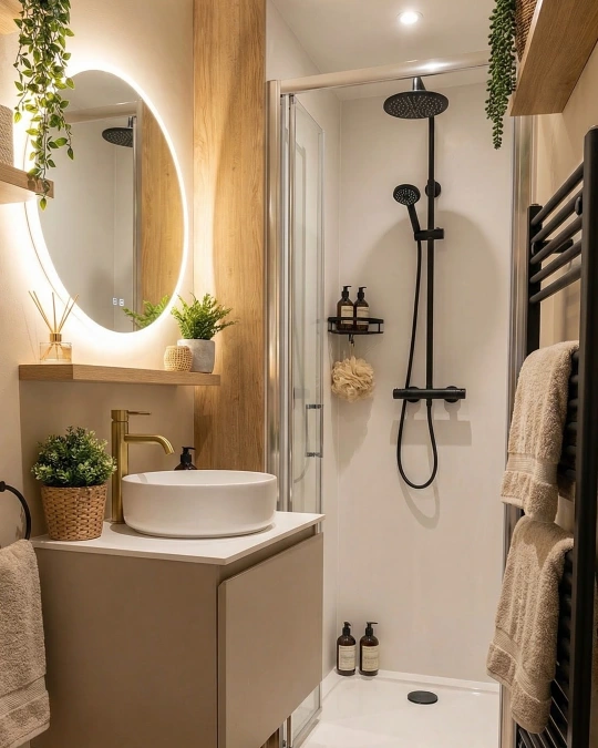 Backlit Mirror and Wood Accents