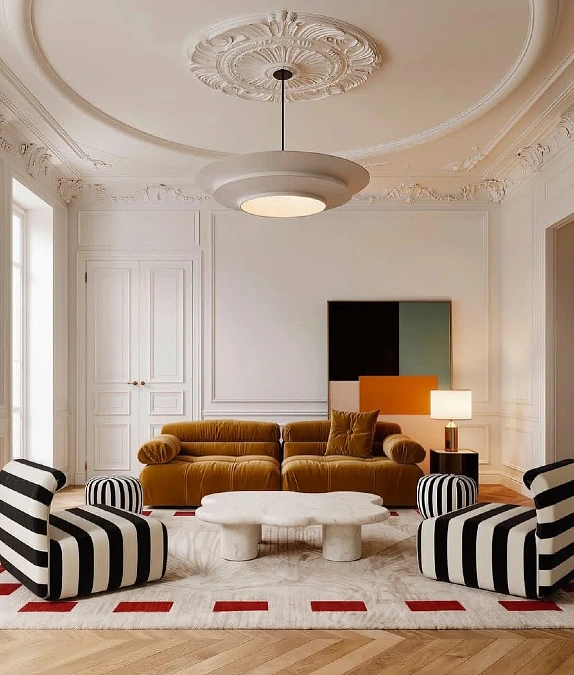 Velvet Sofa + Striped Chairs + Stone Table