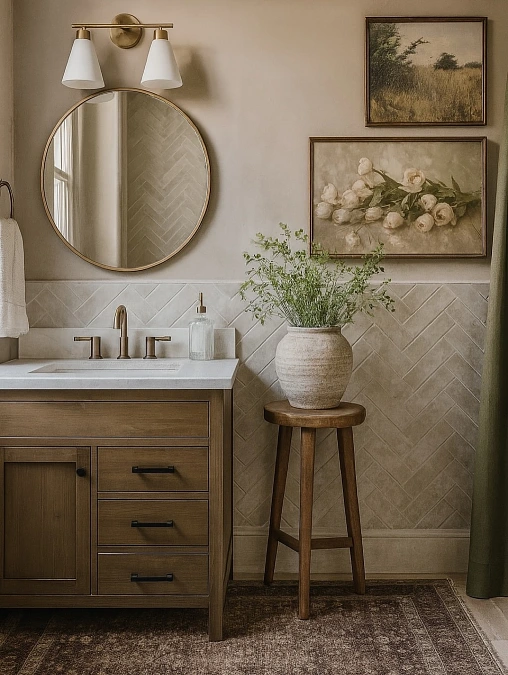 Brass Mirror + Wood Vanity + Vintage Art