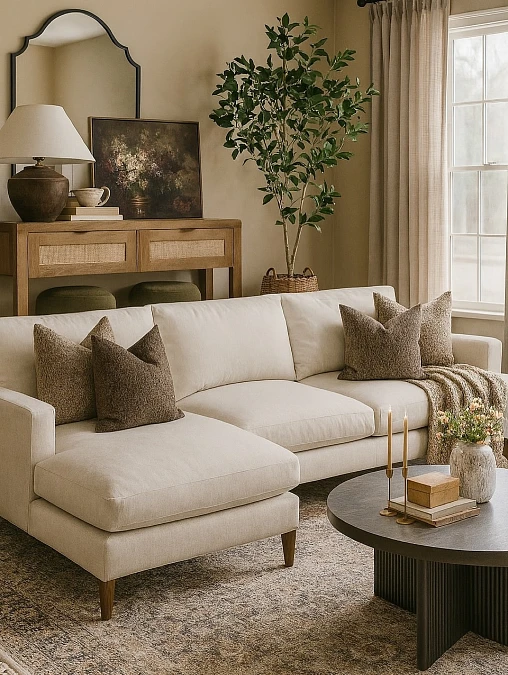 Cream Sofa and Warm Wood Layers
