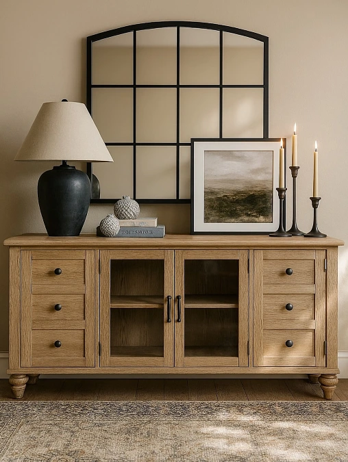 Arched Mirror + Wood Sideboard + Candlelight