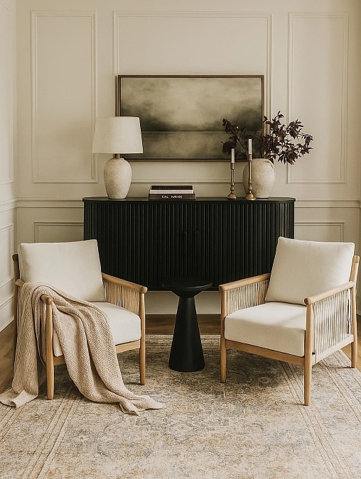 Black Sideboard and Cane Chairs
